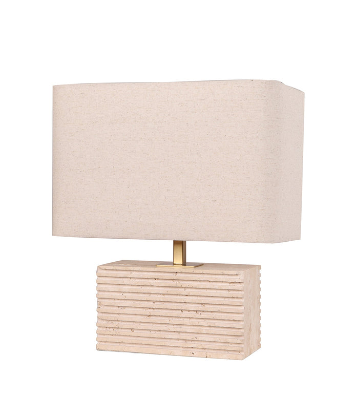 Sagitta: Rectangular Beige Travertine Base Rectangular Fabric Cream Shade Table Lamp