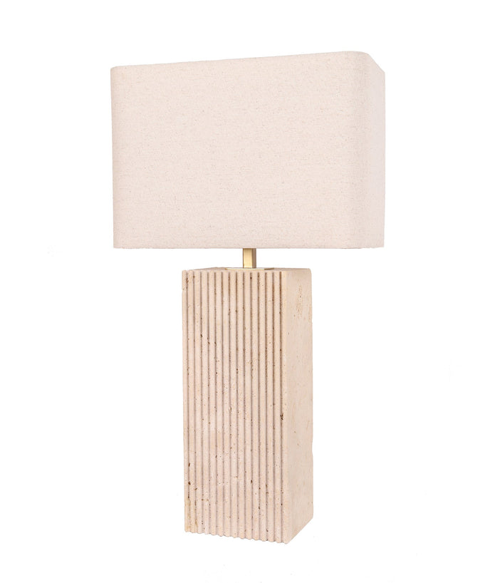 Sagitta: Beige Travertine Base Rectangular Fabric Cream Shade Table Lamps