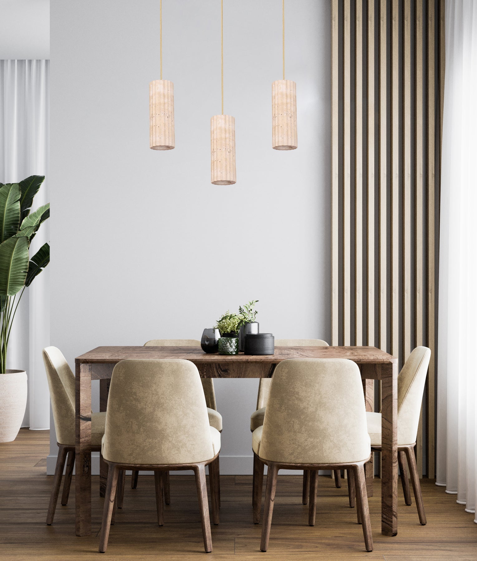 Sagitta: Interior Oblong Beige Travertine with Brass Highlight Pendant Light