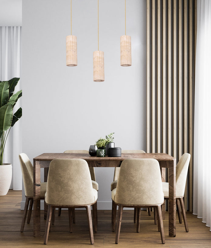 Sagitta: Interior Oblong Beige Travertine with Brass Highlight Pendant Light