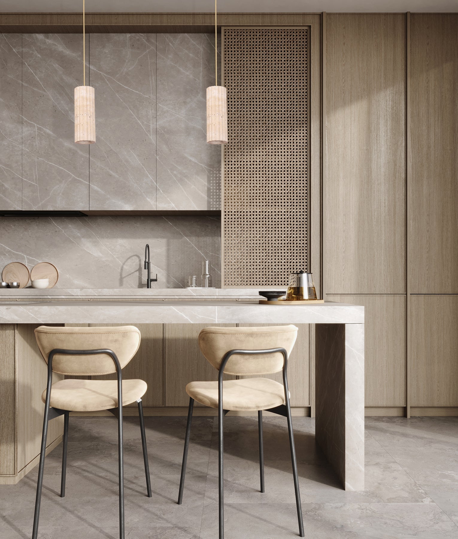 Sagitta: Interior Oblong Beige Travertine with Brass Highlight Pendant Light
