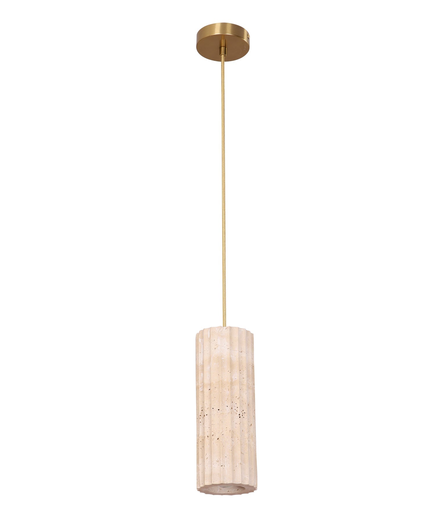 Sagitta: Interior Oblong Beige Travertine with Brass Highlight Pendant Light