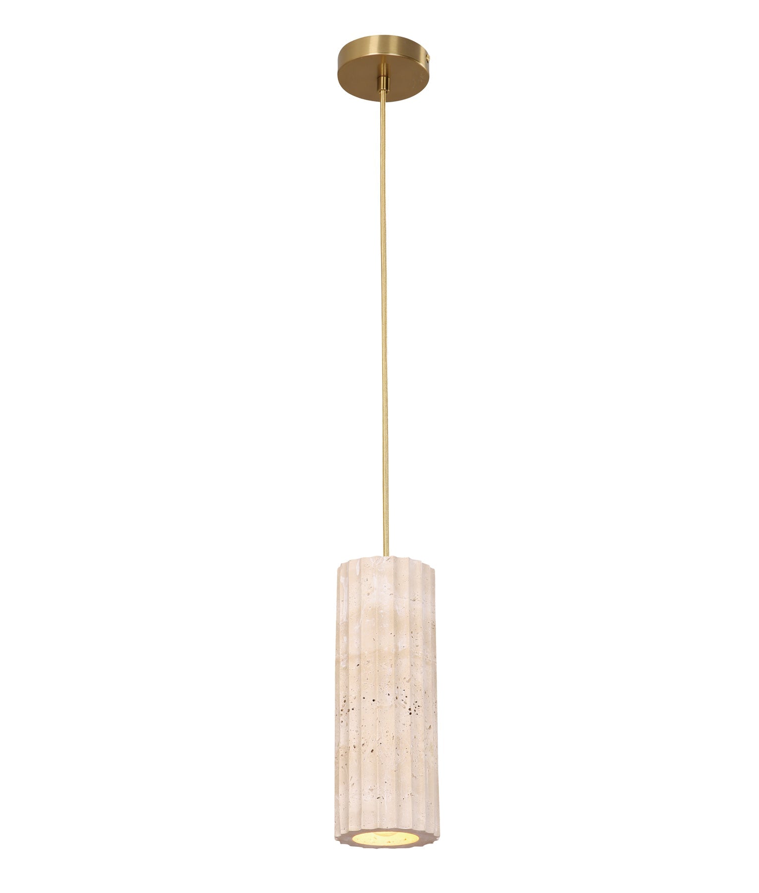 Sagitta: Interior Oblong Beige Travertine with Brass Highlight Pendant Light