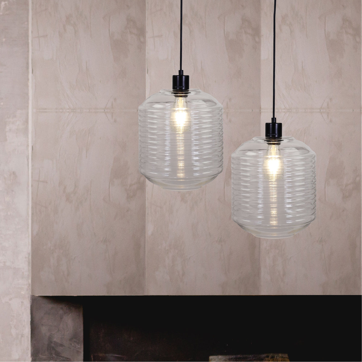 Marconi 25 Black & Ribbed Clear Glass 1 Light Pendant