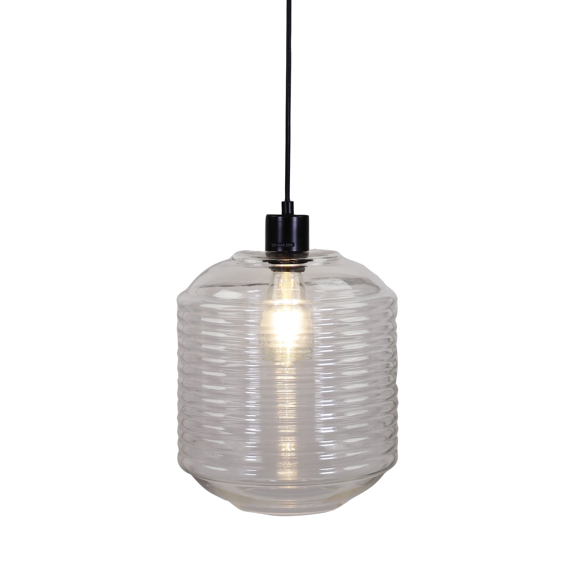 Marconi.25 Black & Ribbed Clear Glass 1 Light Pendant