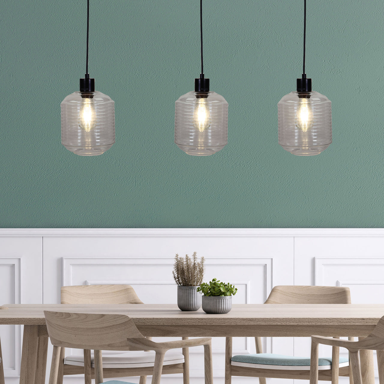 Marconi Trilight Black & Ribbed Clear Glass 3 Light Pendant