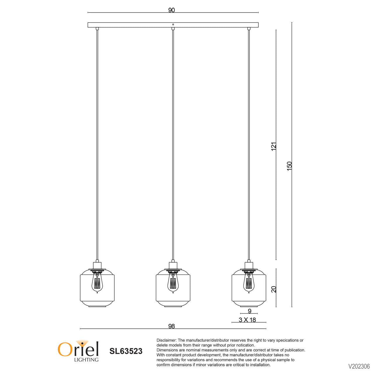 Marconi Trilight Black & Ribbed Clear Glass 3 Light Pendant