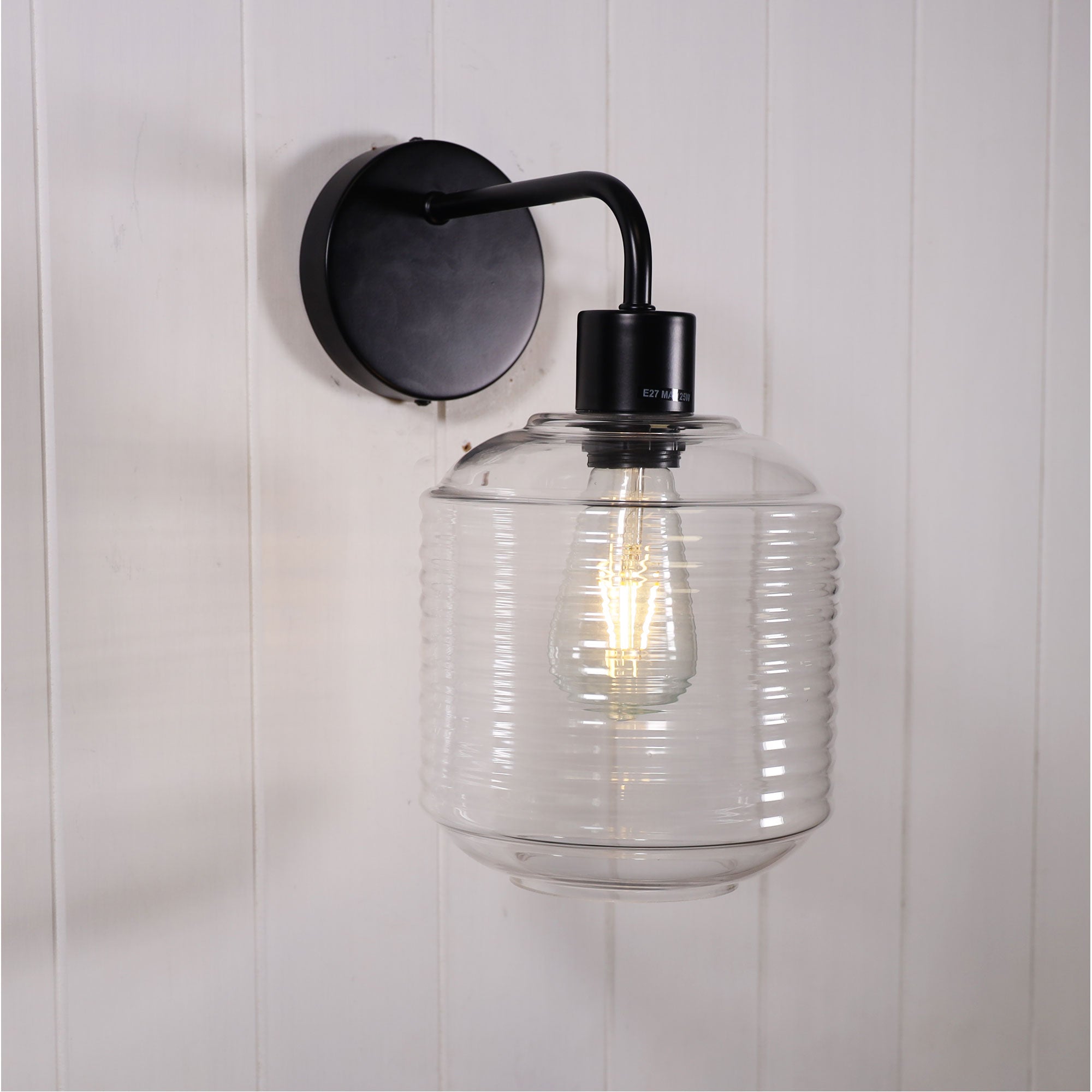 Marconi Black & Ribbed Clear Glass Wall Light