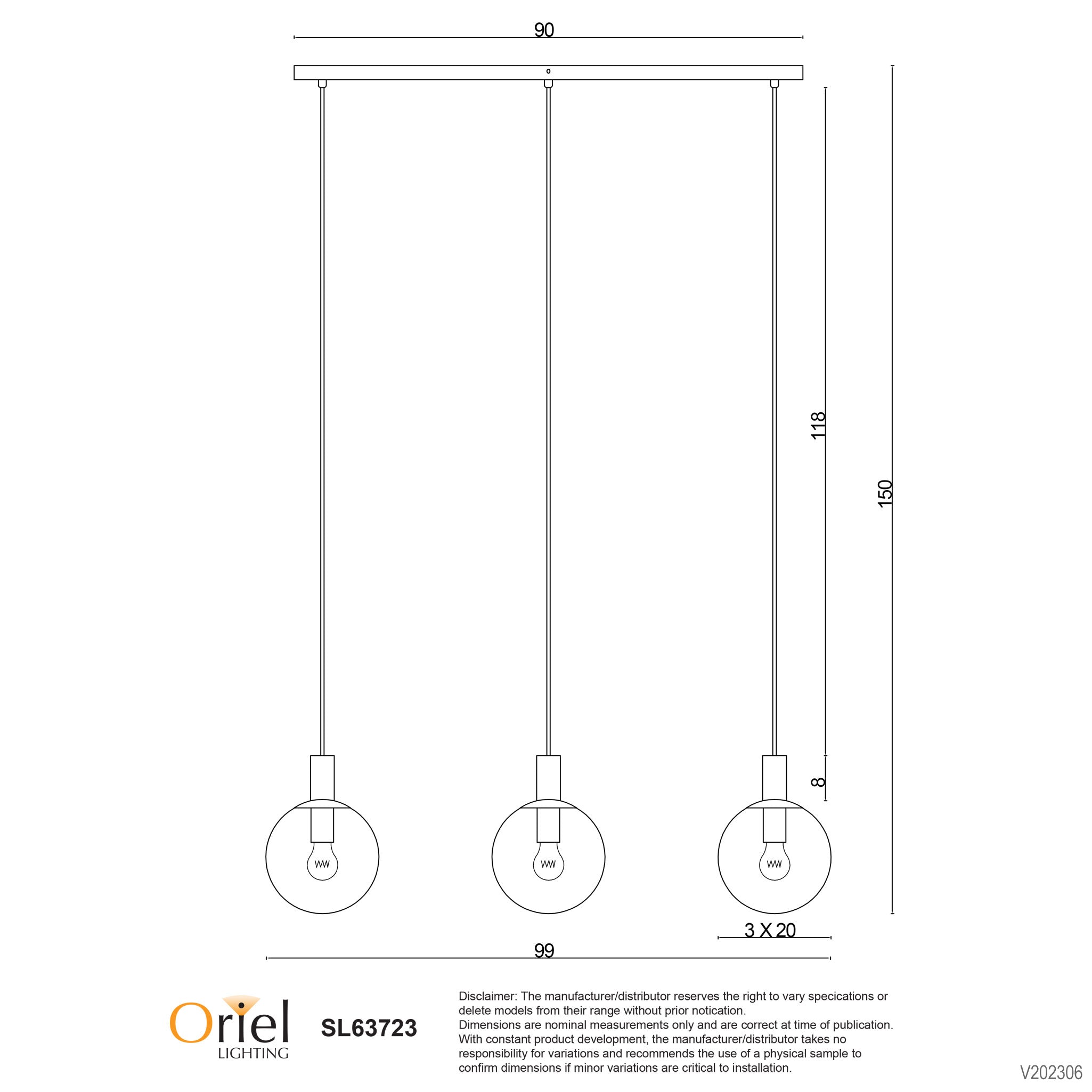 Legarno Trilight Black &  Ribbed Clear Glass 3 Light Bar Pendant