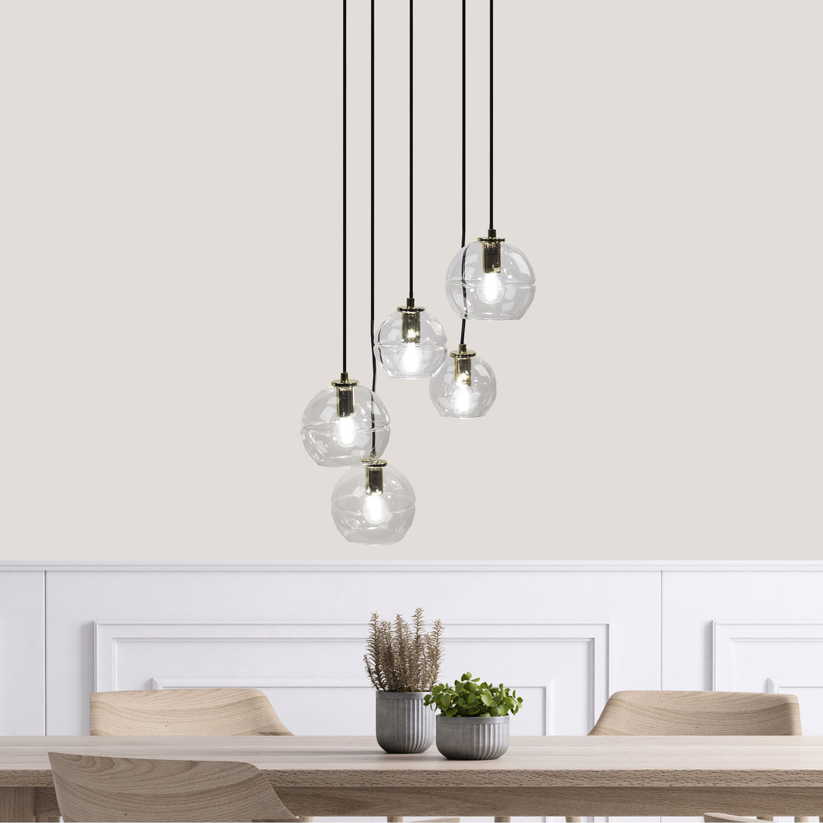 Reno 5 Black, Brass & Clear Glass 5 Light E14 Pendant