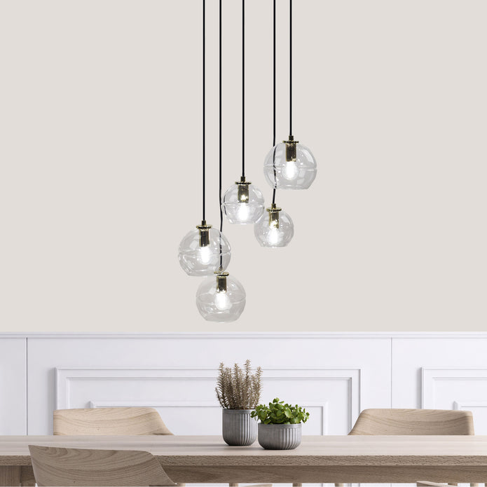 Reno 5 Black, Brass & Clear Glass 5 Light E14 Pendant