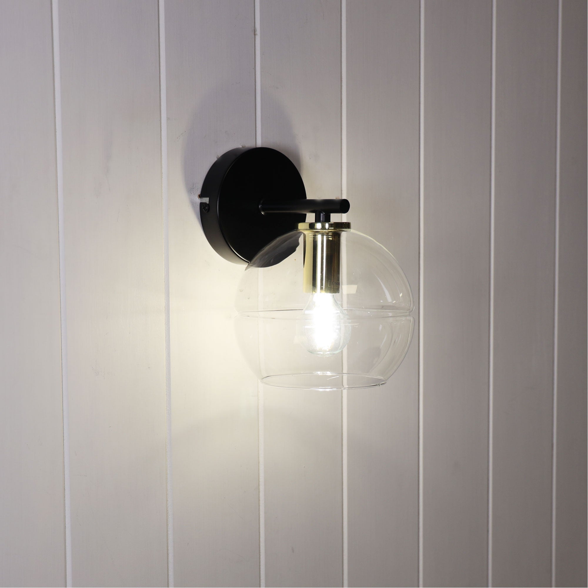 Reno Black, Brass & Clear Glass E14 Wall Light
