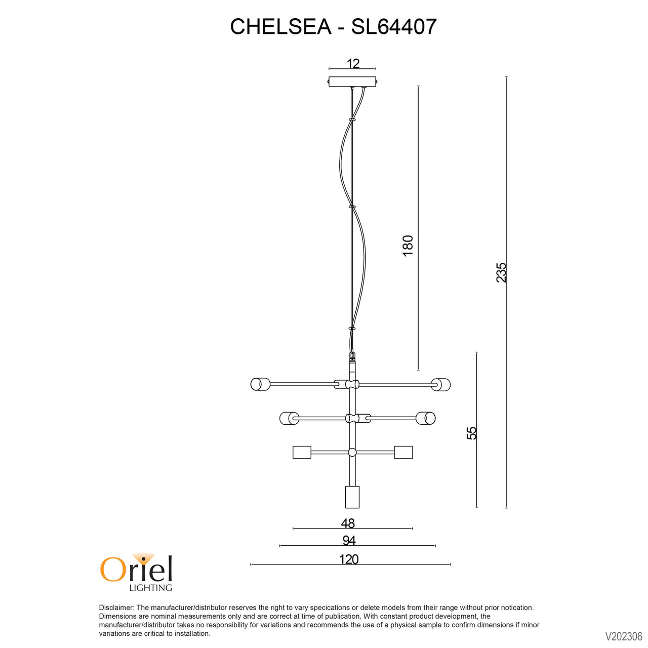 Chelsea.120 Black 6 Light E27 Large Contemporary Pendant