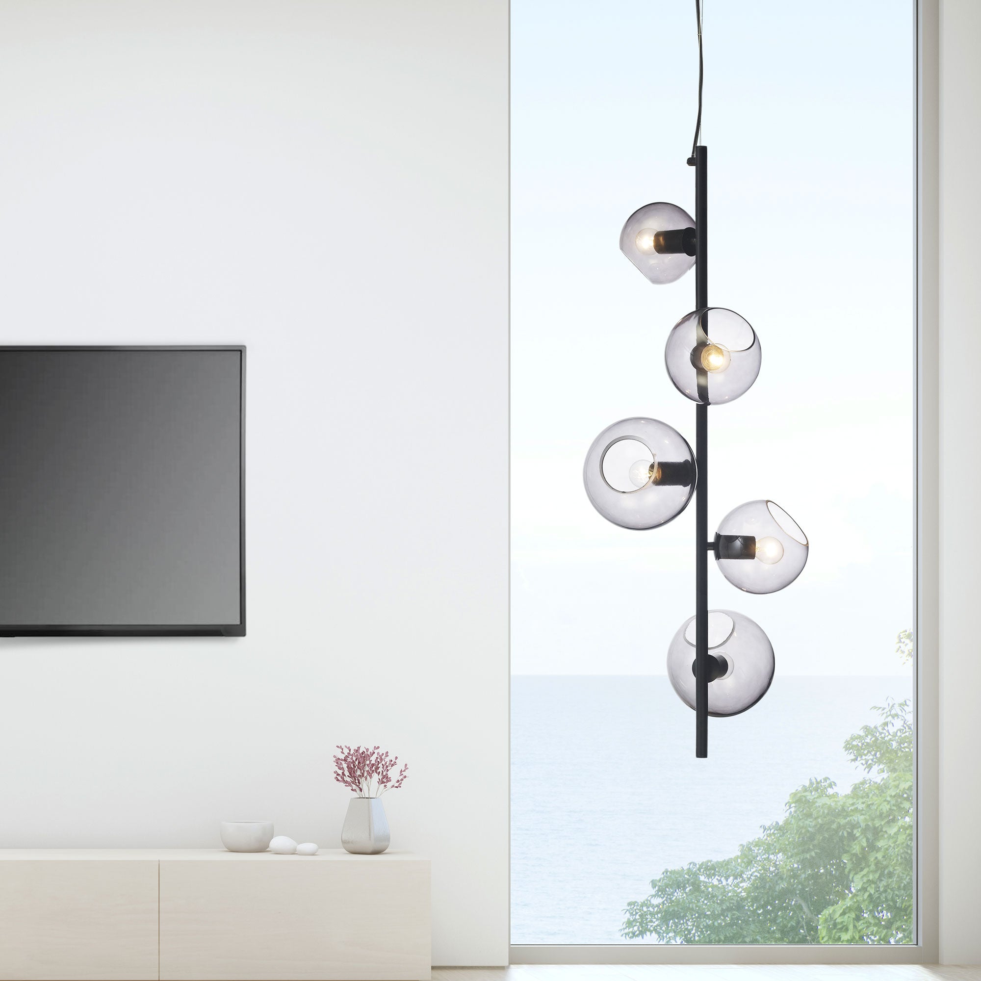 Sinus Black with Smoked Glass 5 Light E27  Designer Satellite Suspended Pendant