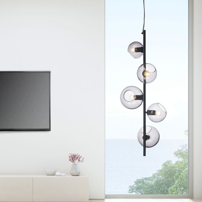 Sinus Black with Smoked Glass 5 Light E27 Designer Satellite Suspended Pendant