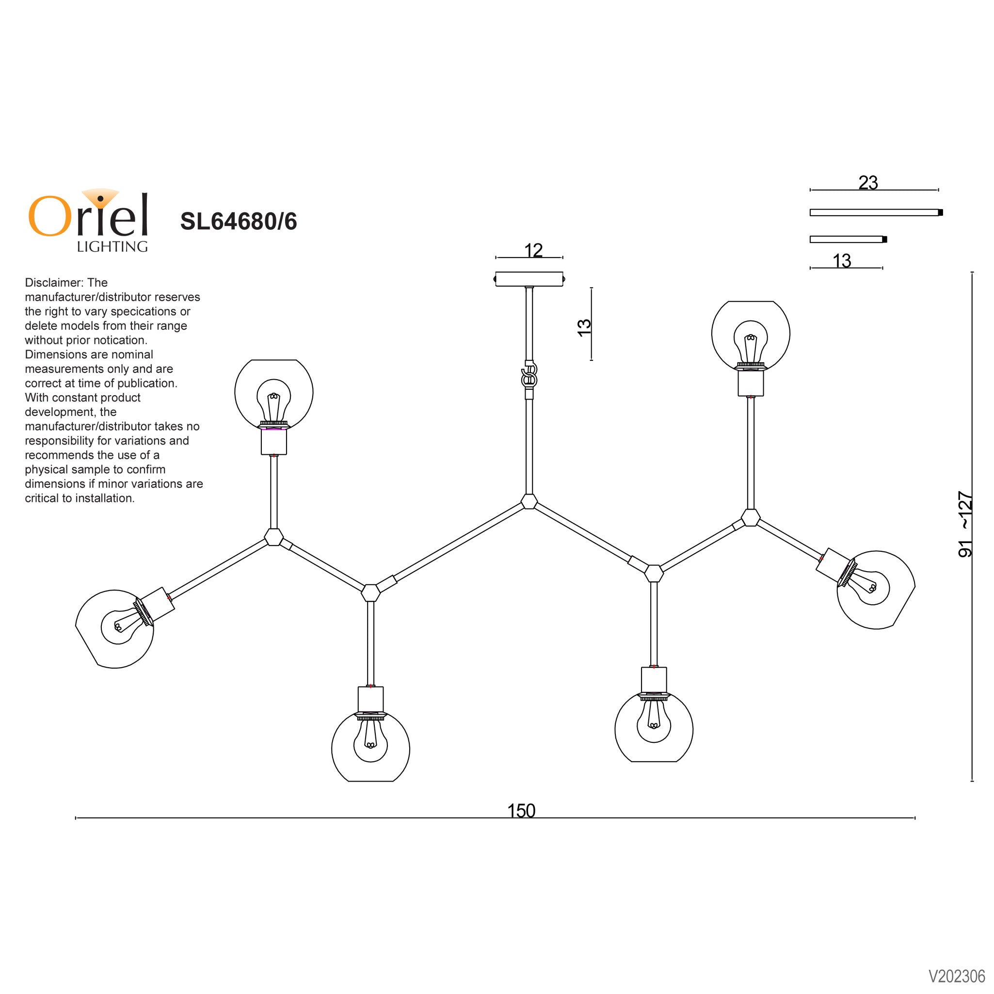 Padua Black & Clear Glass 6 Light E27 Contemporary Pendant