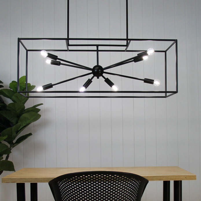 Georgetown 100 Black 8 Light E14 Designer Box Pendant With Exposed Globes