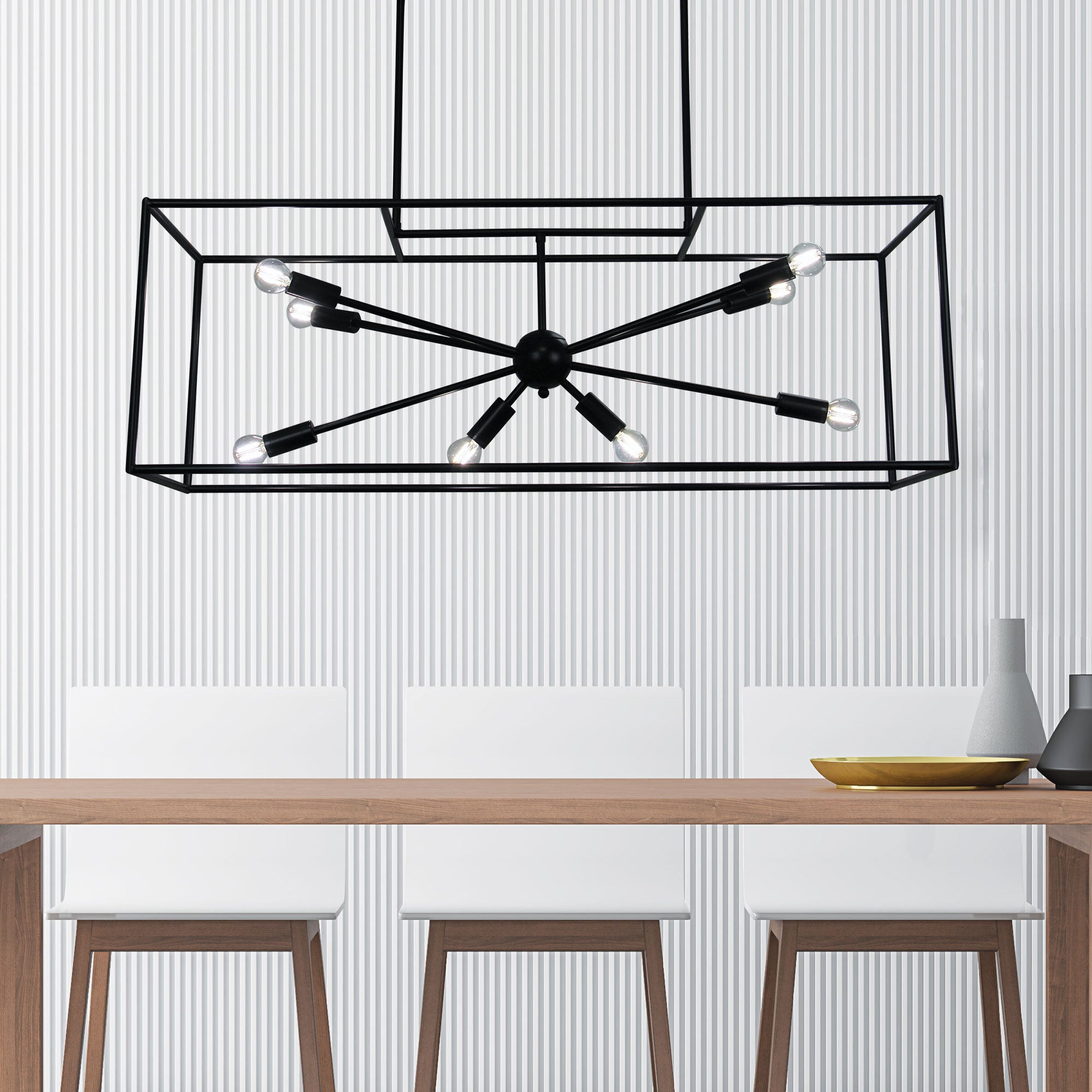 Georgetown.100 Black 8 Light E14 Designer Box Pendant With Exposed Globes
