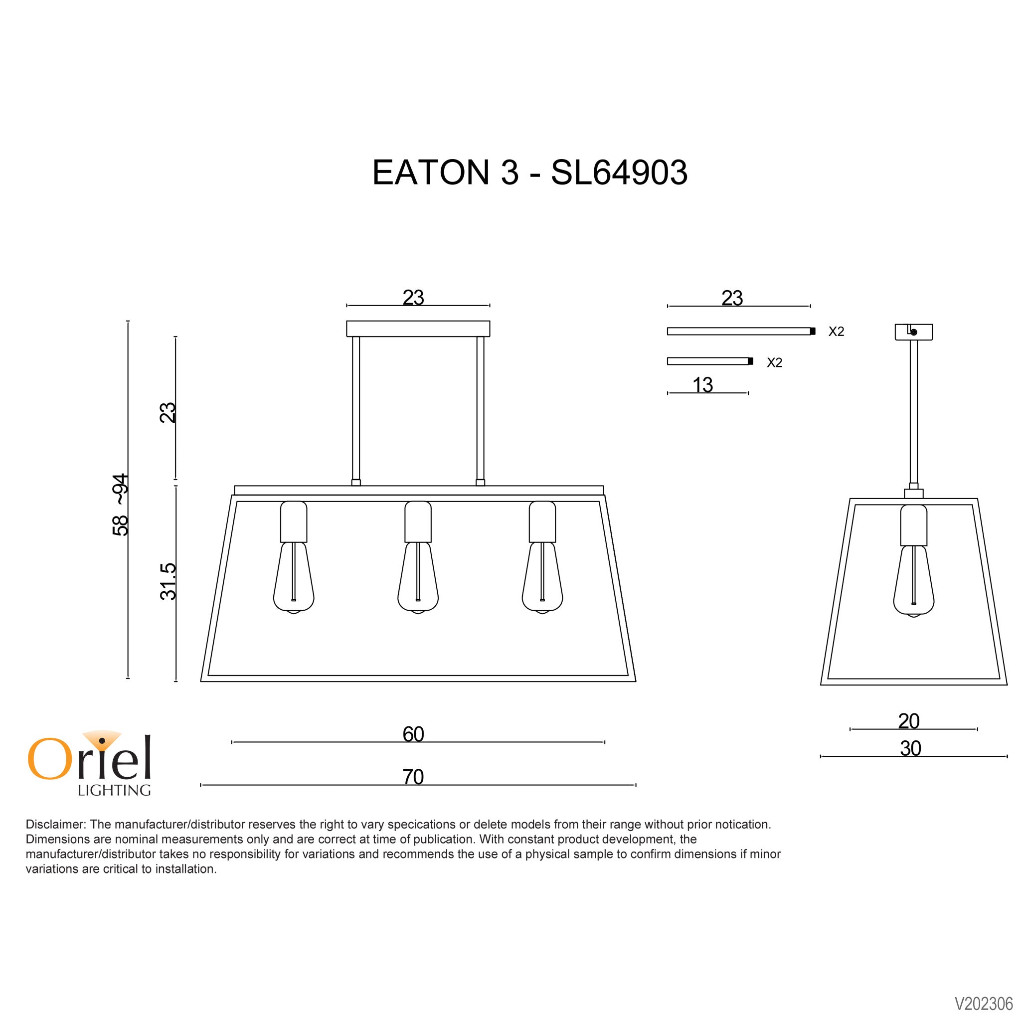 Eaton.70 Black 3 Light E27 Urban Retro Pendant