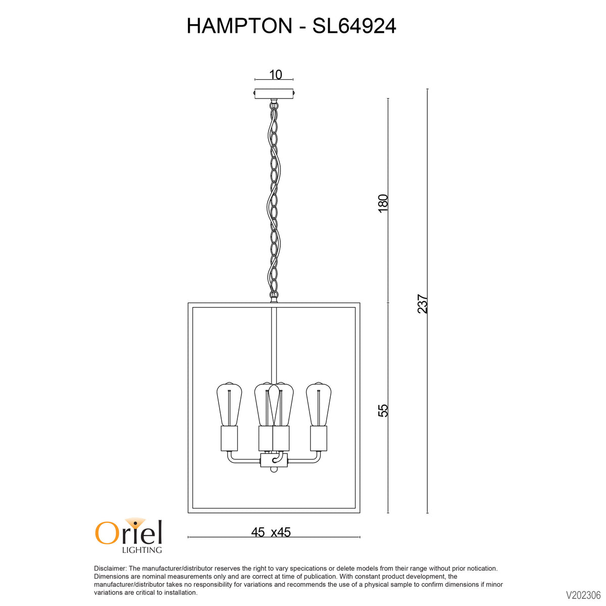 Hampton Black 4 Light E27 Classic Metal Pendant