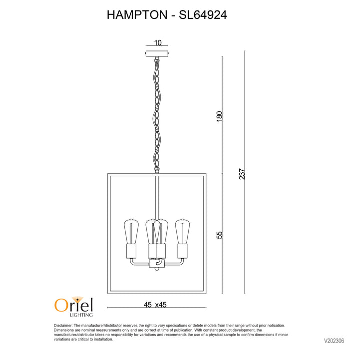 Hampton Black 4 Light E27 Classic Metal Pendant