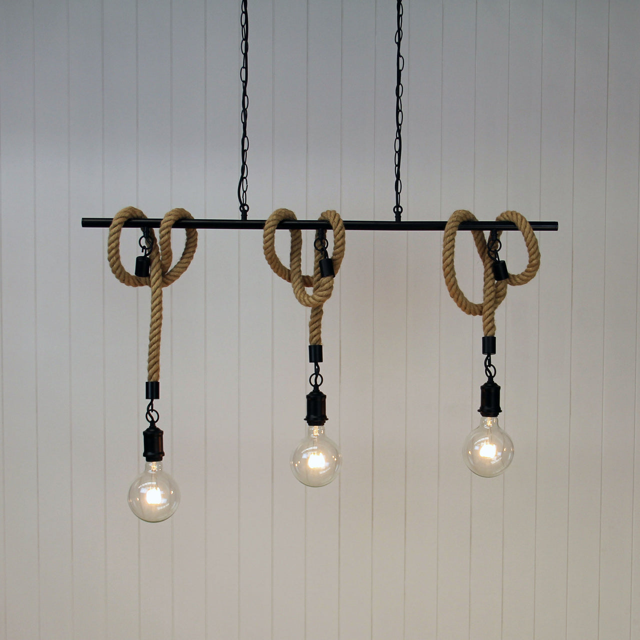 Rope.3 Matt Black And Coir 3 Light  E27 Pendant