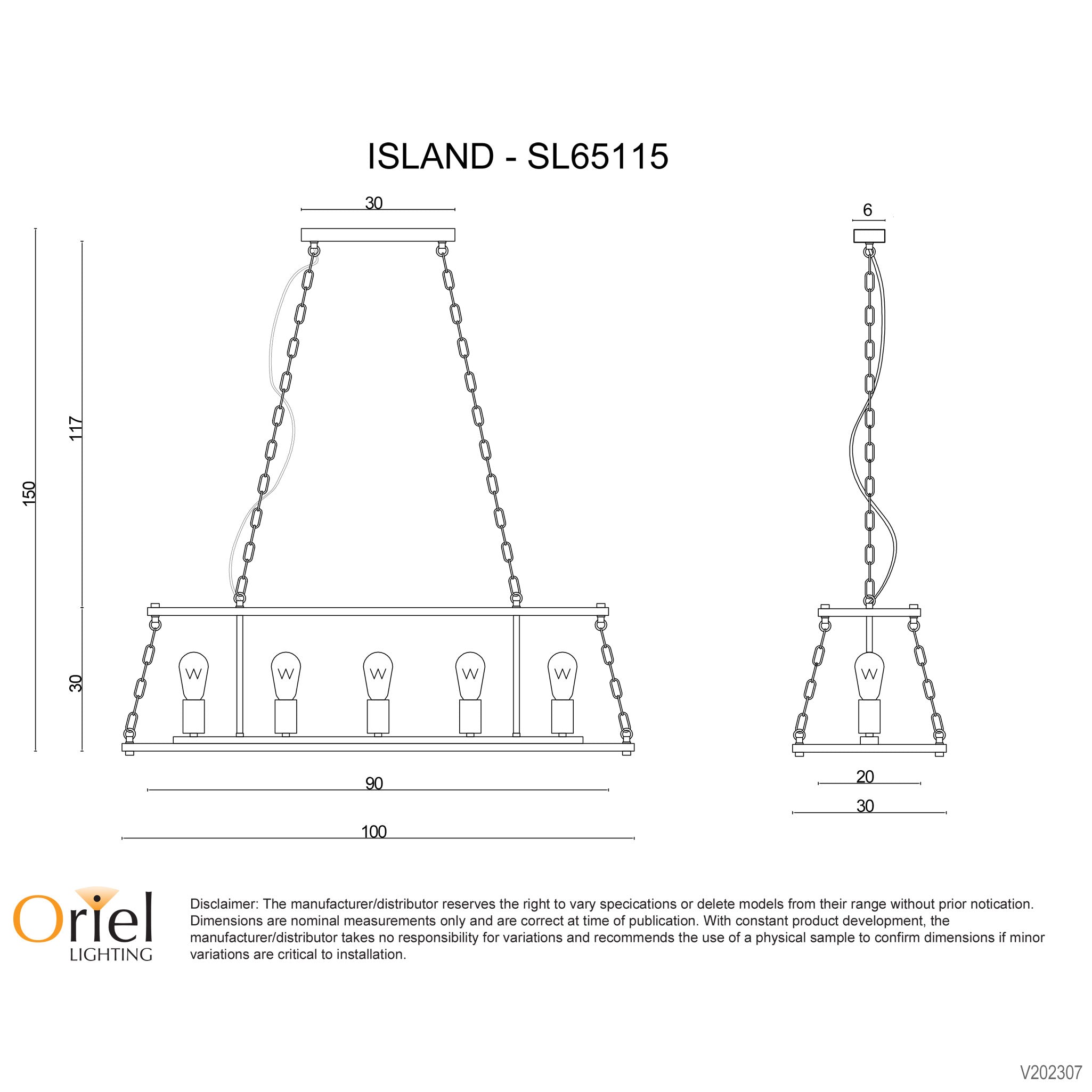 Island Timber & Black 5 Light E27 Pendant