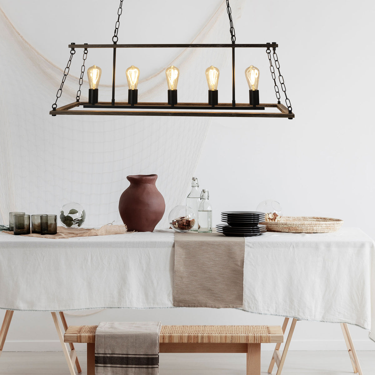 Island Timber & Black 5 Light E27 Pendant