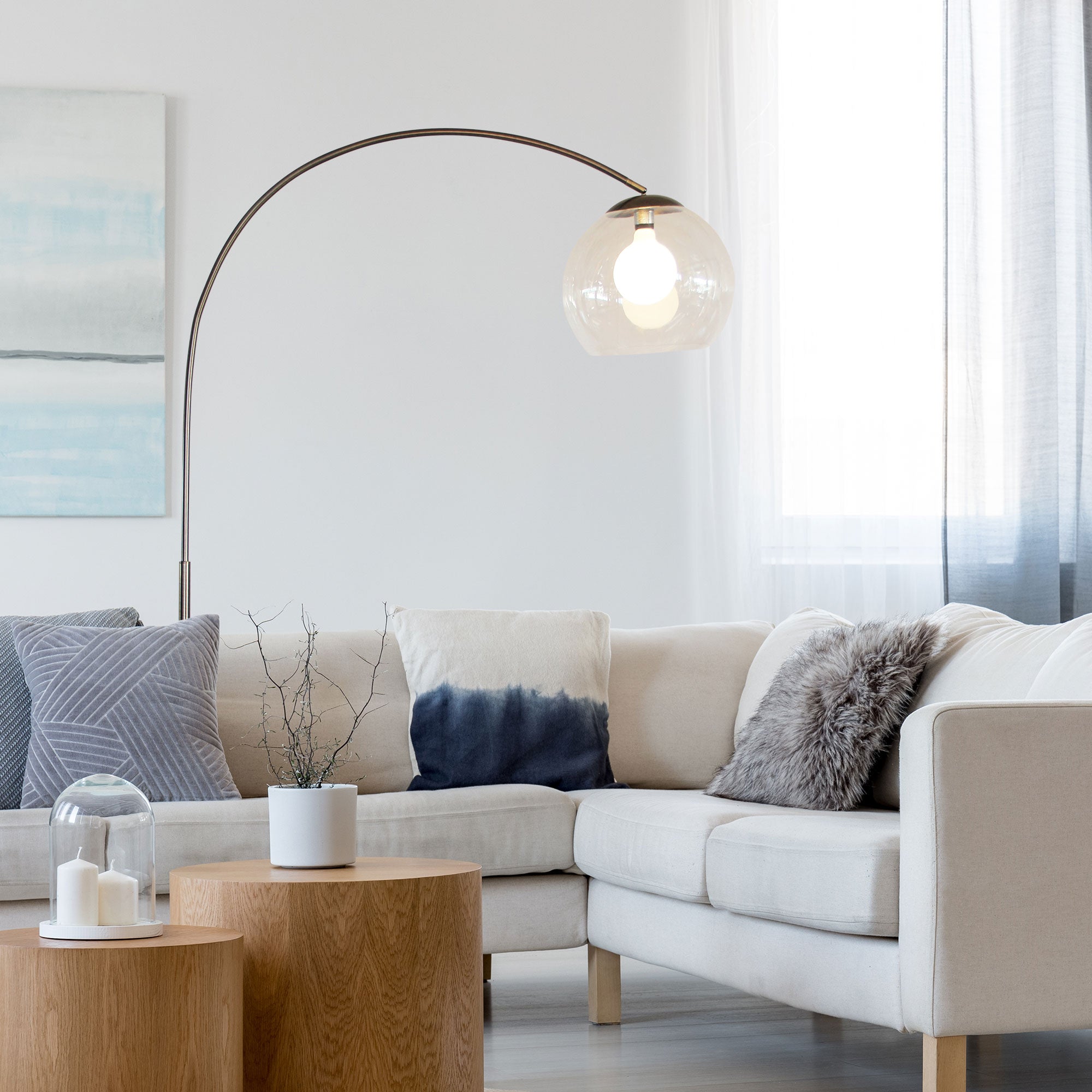 Over Antique Brass With Clear Acrylic Shade E27 Arc Floor Lamp