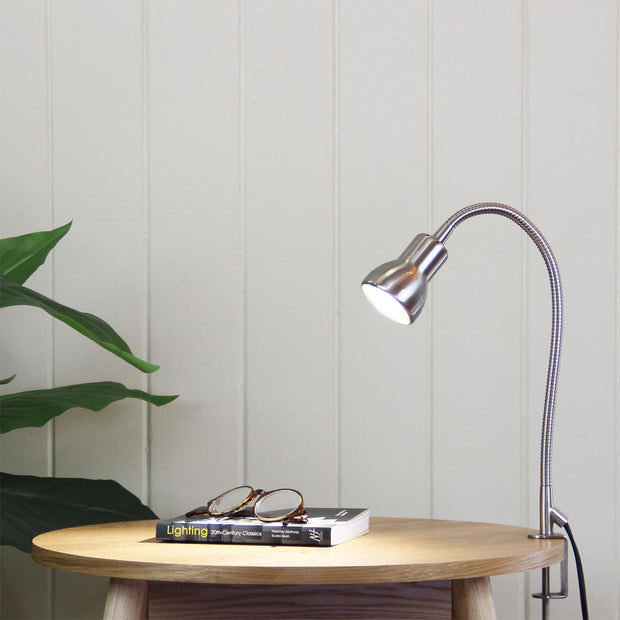 Scope Brushed Chrome GU10 Adjustable Gooseneck Clamp Lamp