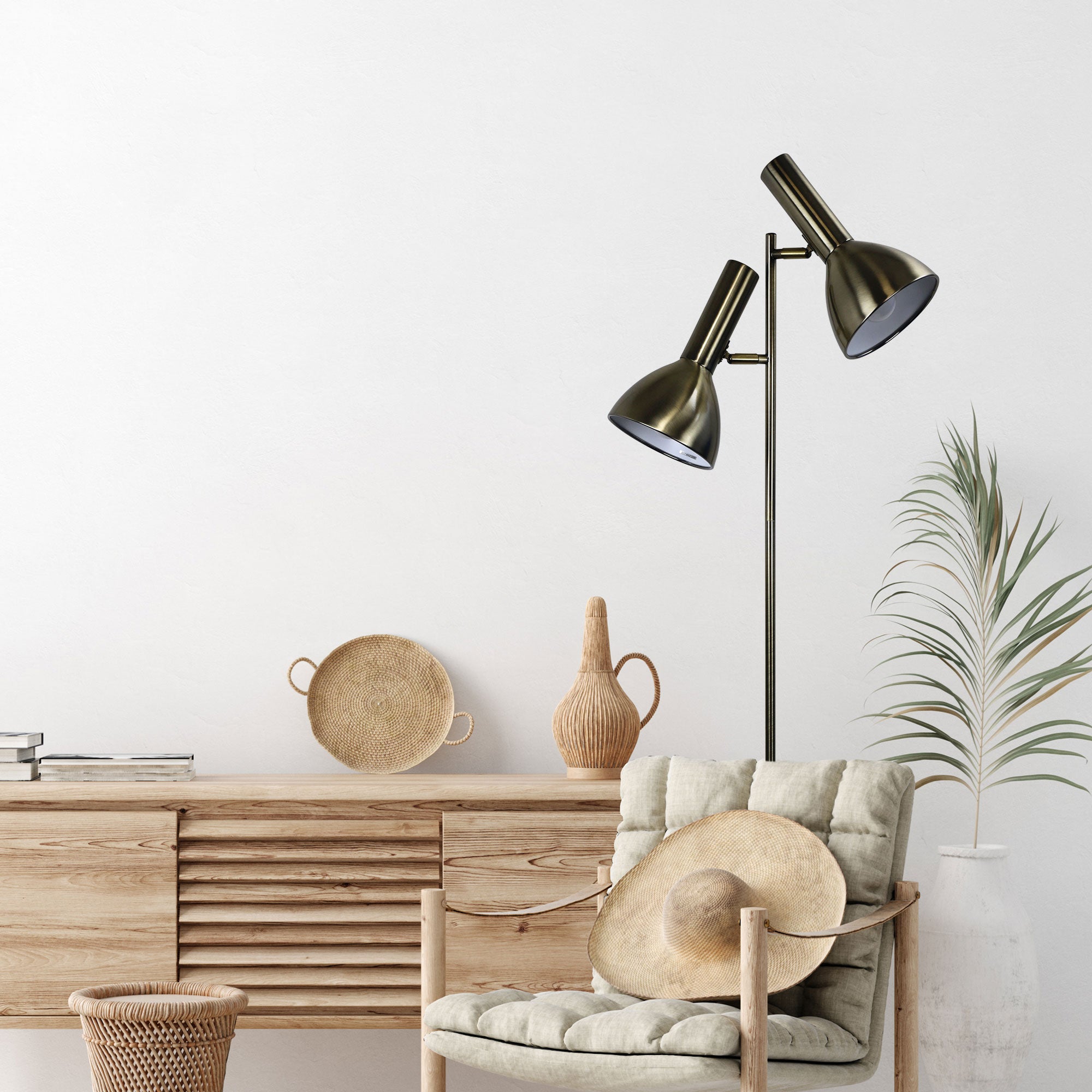 Vespa Antique Brass 2 x E27 Mid-Century Twin Floor Lamp