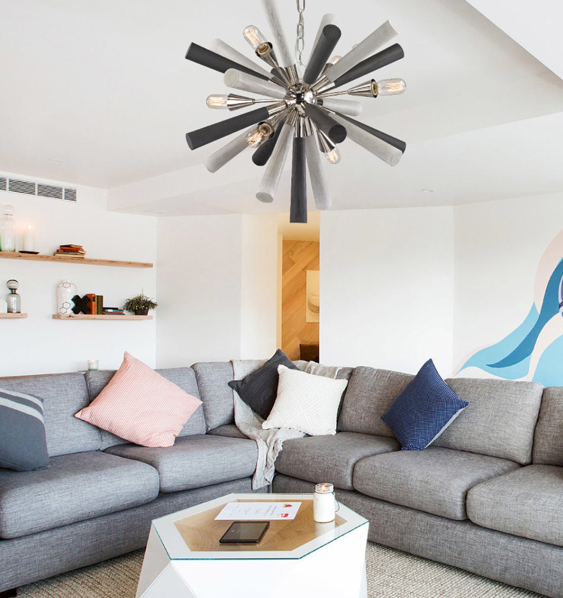 SPUTNIK: Polished Nickel / Dark-Light Grey Washed Wood Pendant Light