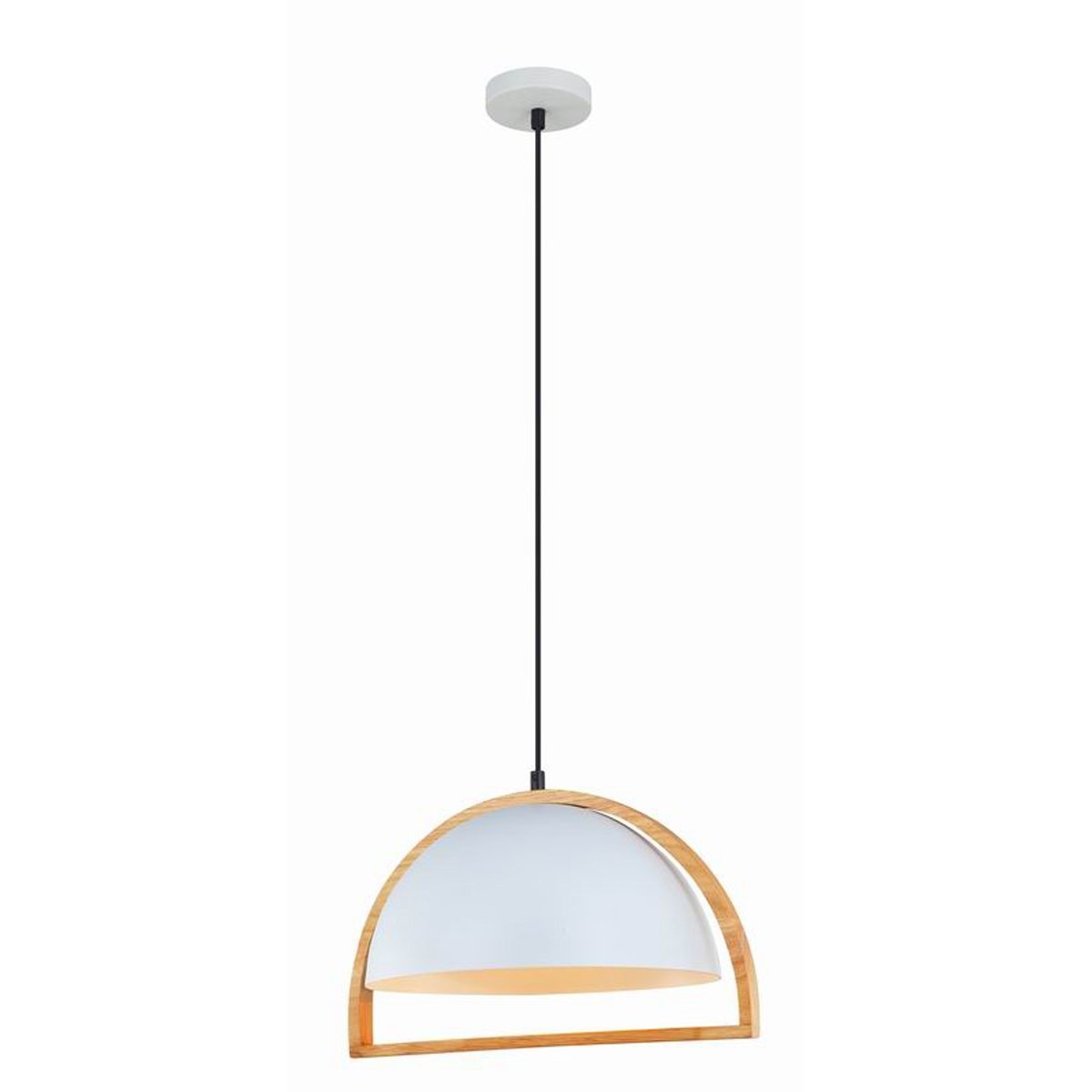 Swing 1 Light Dome Shaped Pendant Light in Matt White with Wood