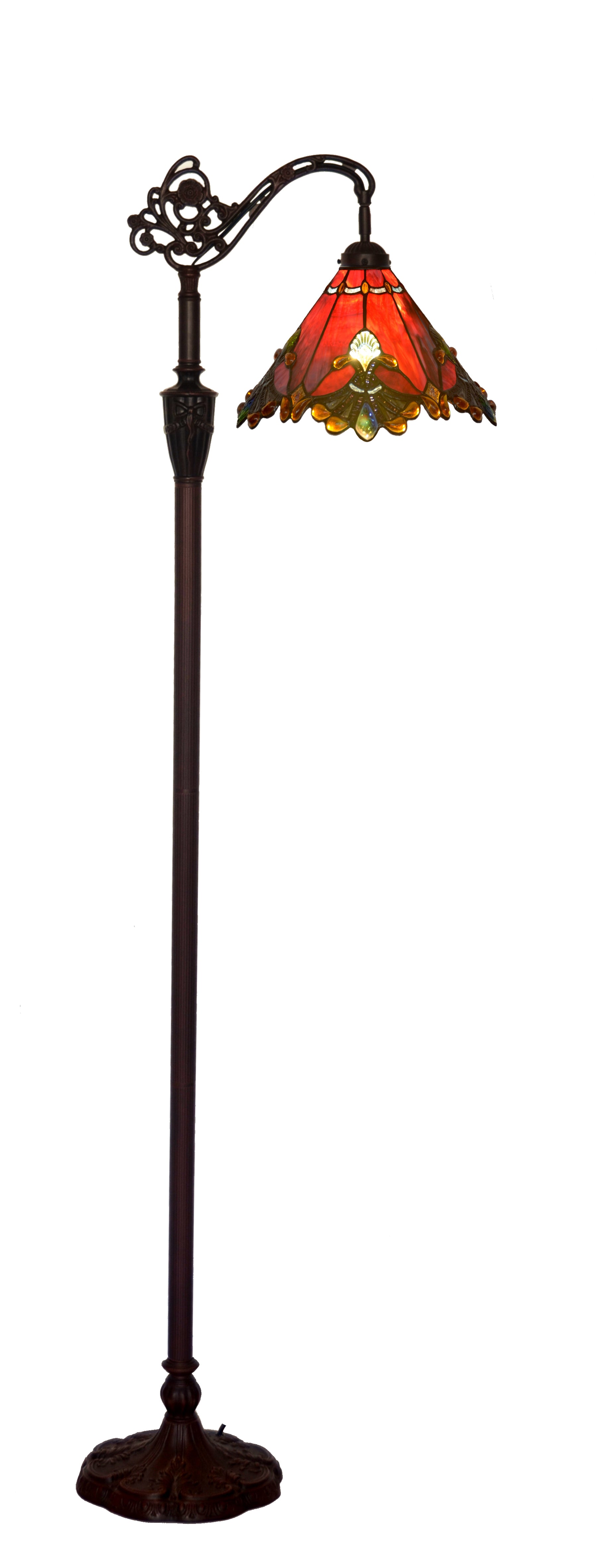 13” red panel style shade with butterfly knots down bridge f/l