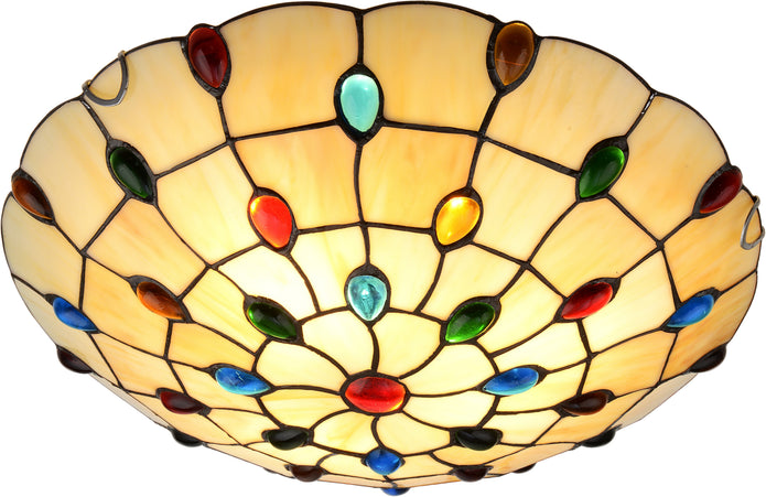 16" Cream Multi-Colour Jewel Tiffany Flush Ceiling Light