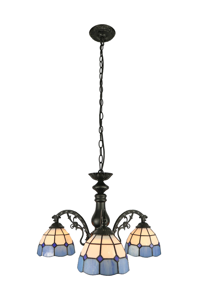 3-Shade Downward Blue & White Geometric Tiffany Chandelier