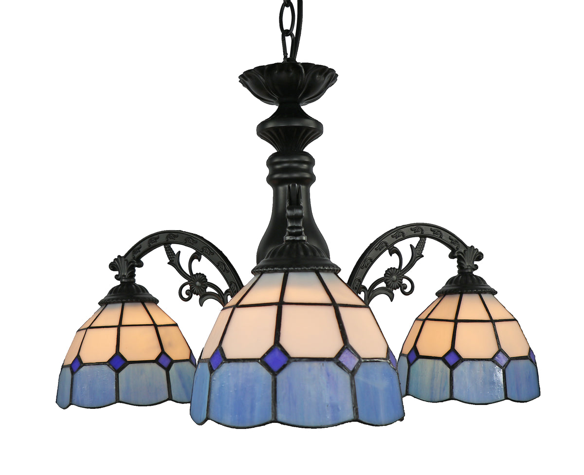 3-Shade Downward Blue & White Geometric Tiffany Chandelier