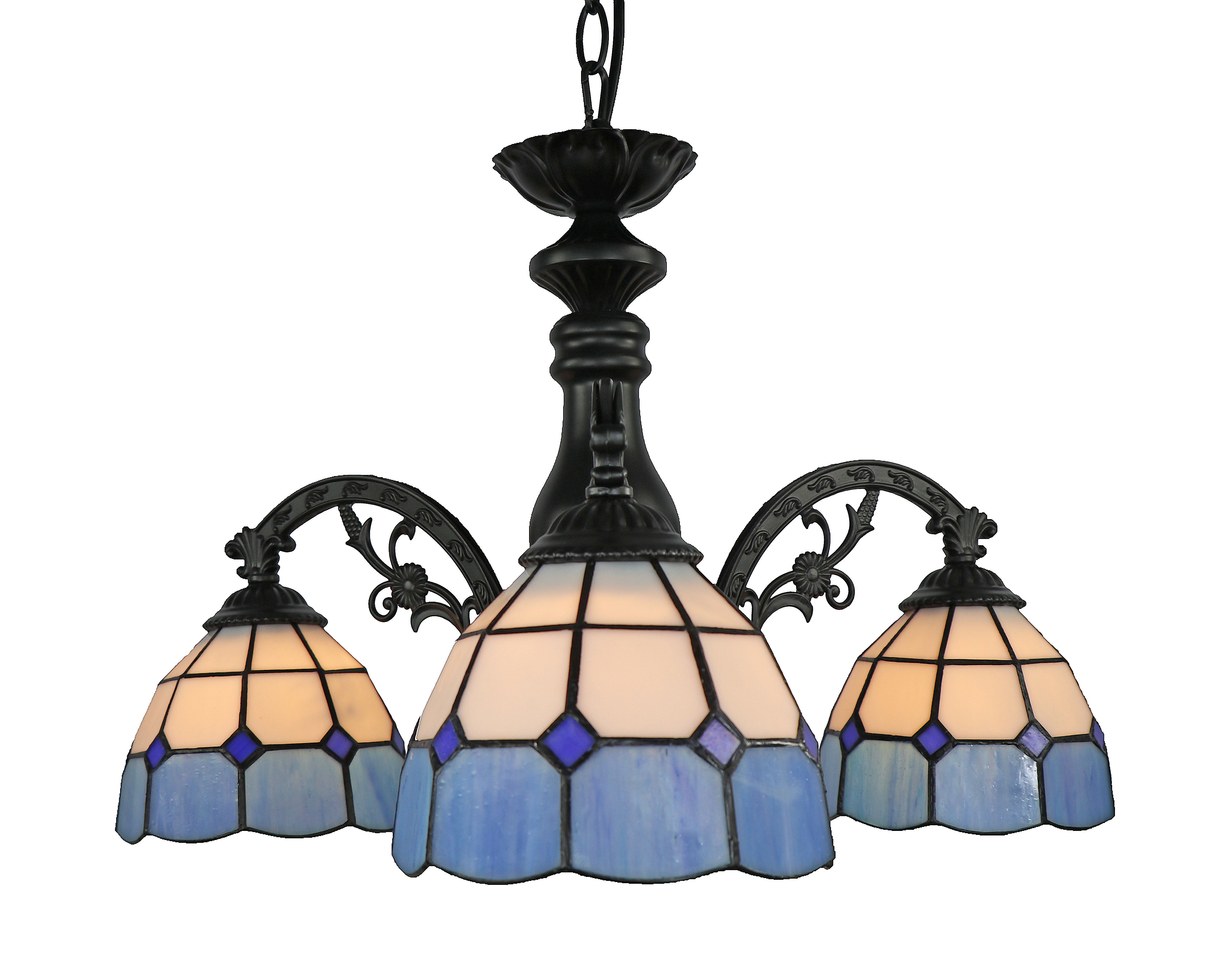 3-shade downward pendant – blue & white geometric, D600 x H330 mm