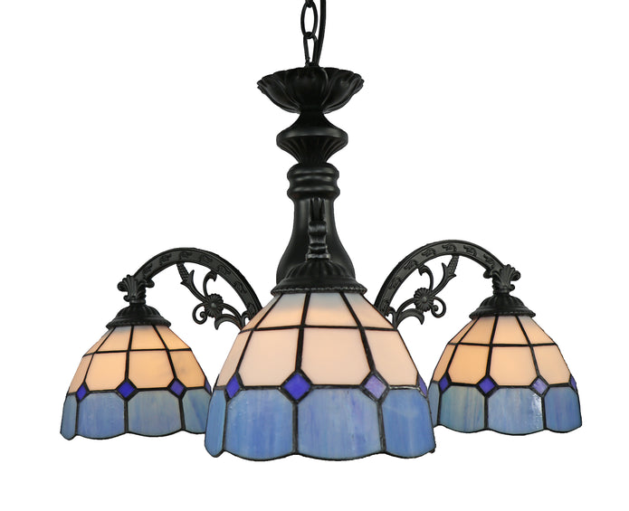 3-Shade Downward Blue & White Geometric Tiffany Chandelier