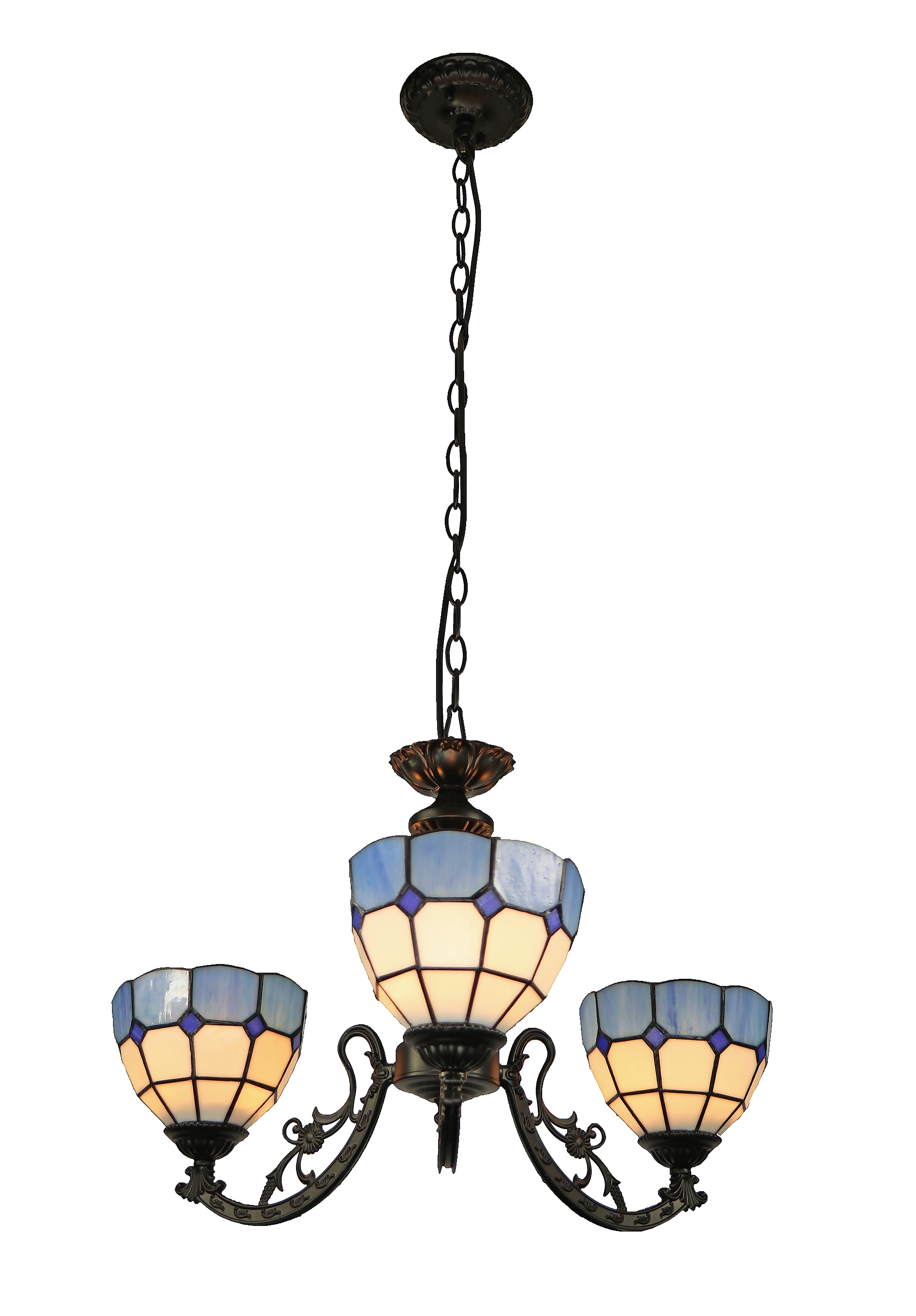 3-shade upward pendant – blue & white geometric, D600 x H330 mm