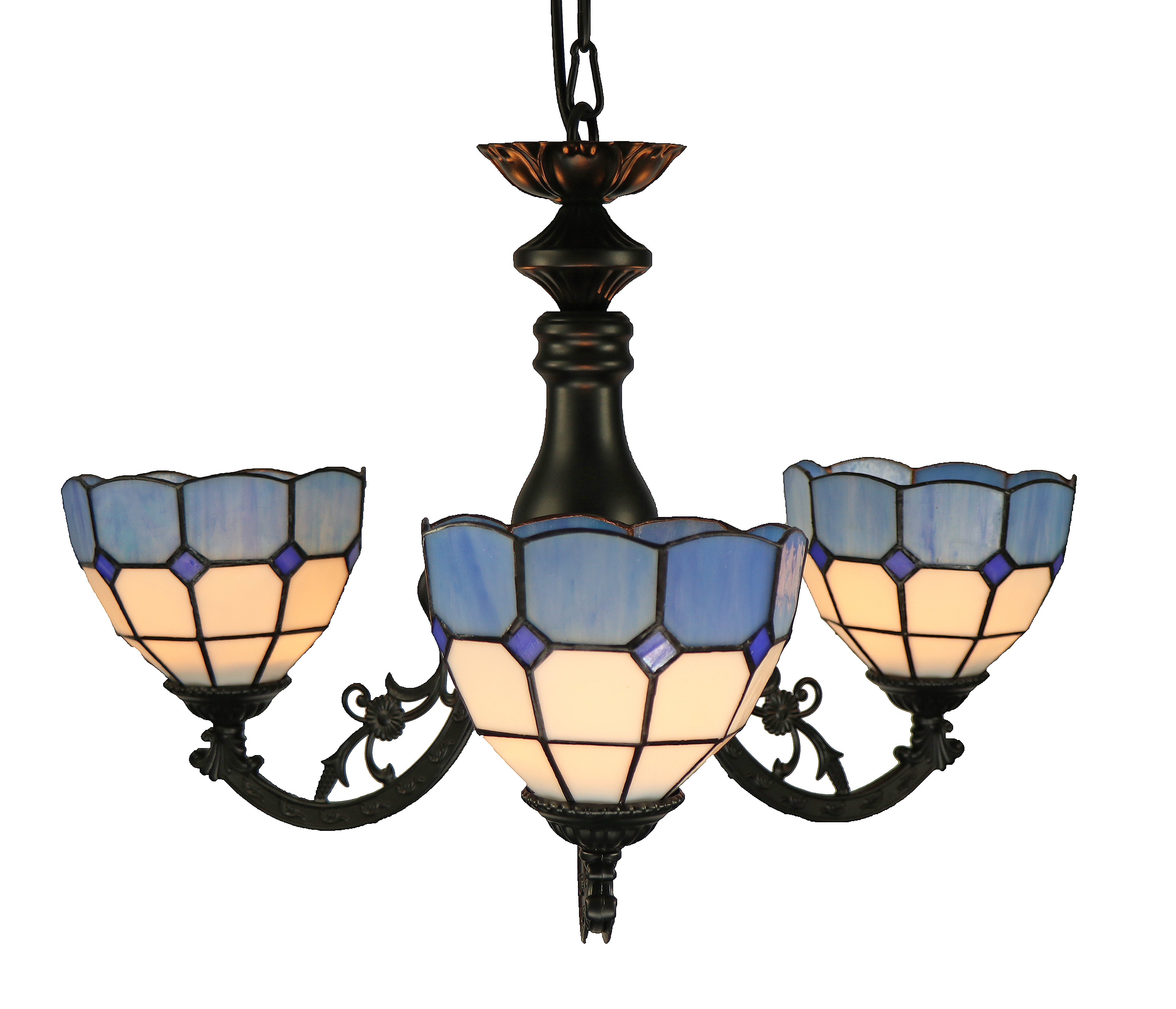 3-shade upward pendant – blue & white geometric, D600 x H330 mm
