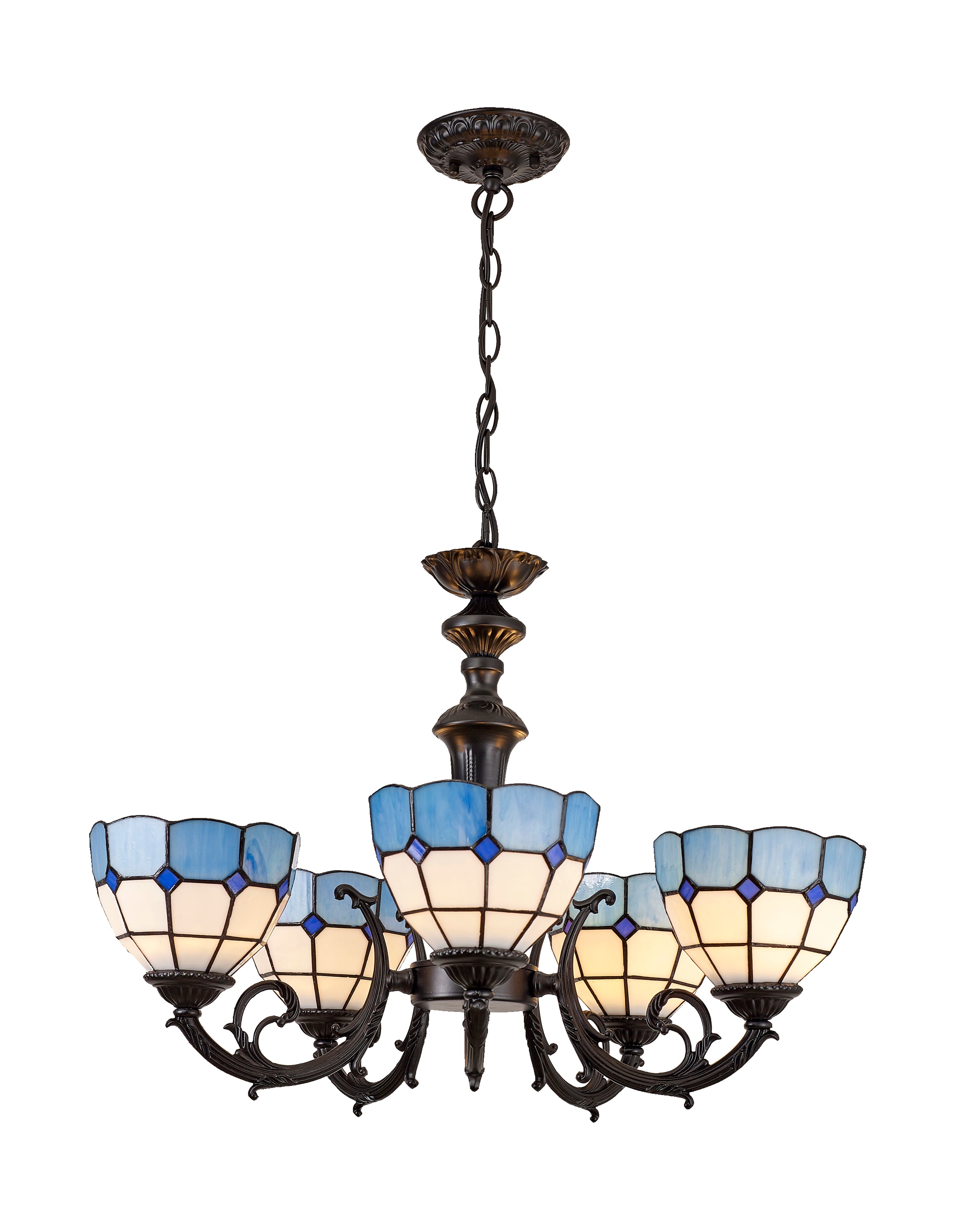 5-shade upward pendant – blue & white geometric, D750 x H480