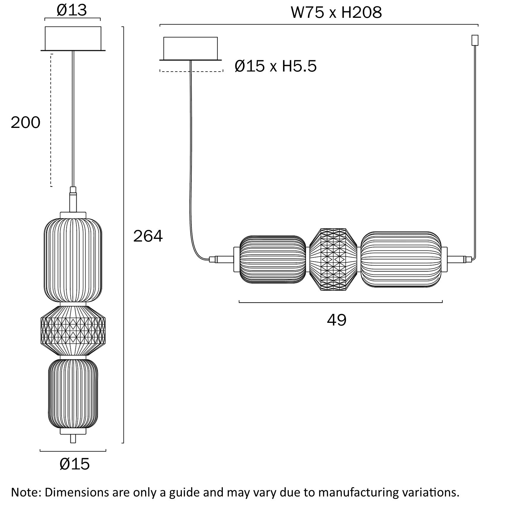 Torso Brass or Black 16W 3000K 3 Light Pendant