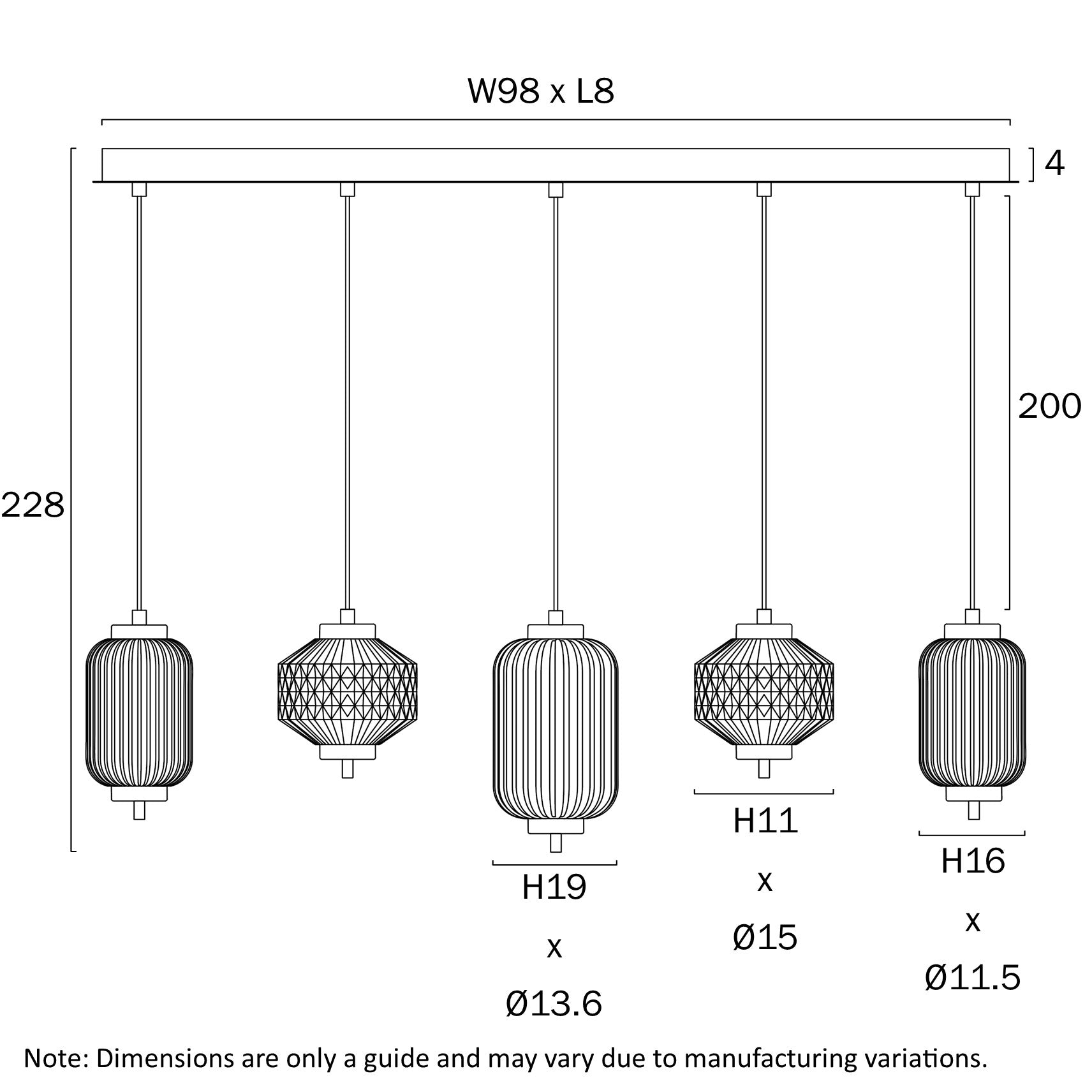 Torso Brass or Black 28W 3000K 5 Light Bar Pendant