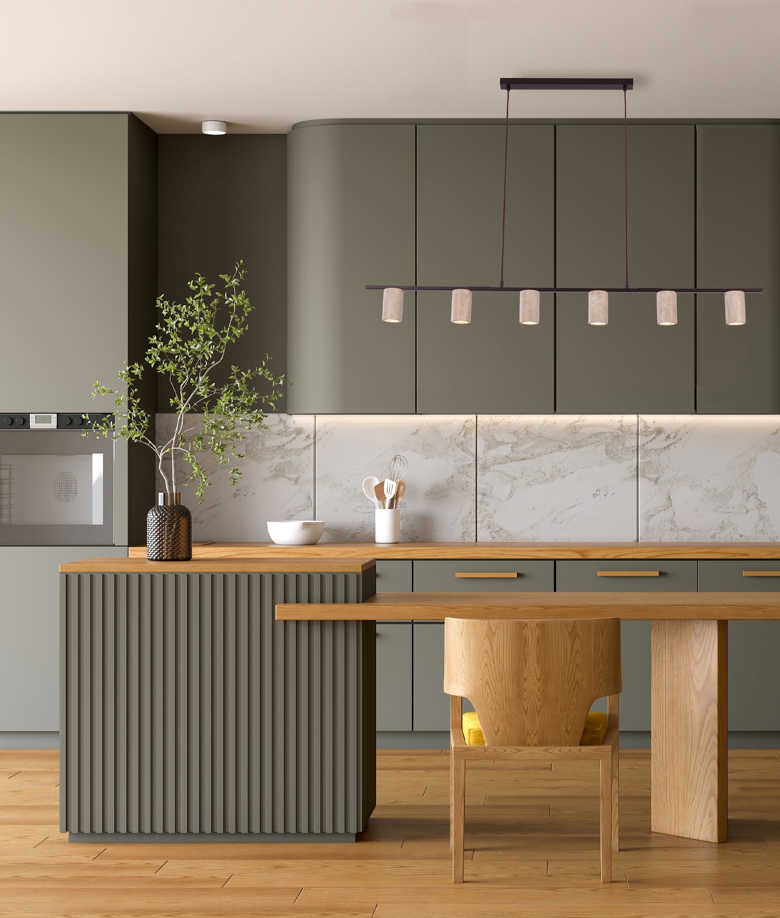 Tuberia: Interior Linear Bar with Beige Travertine Tubular Shade Pendant Light