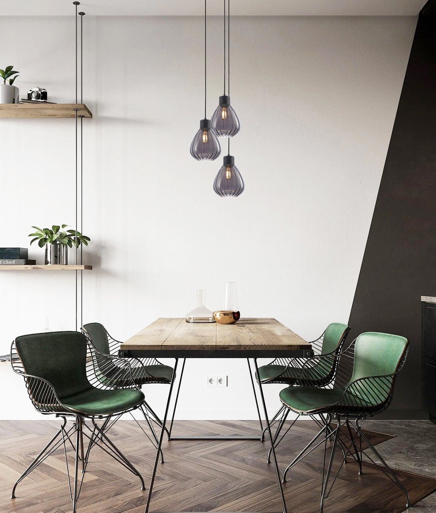 TULIP: Interior Bronze Amber / Smokey Black Wine Glass Ribbed Multiple Round Base Pendant Lights