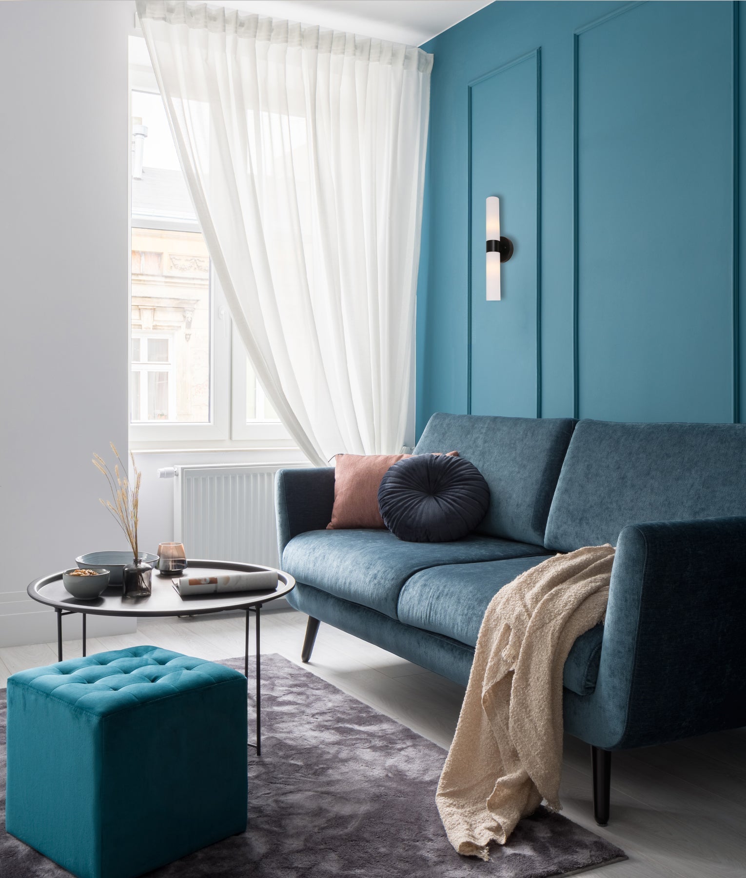 Vara: Interior Tubular Up/Down Opal Glass Wall Lights