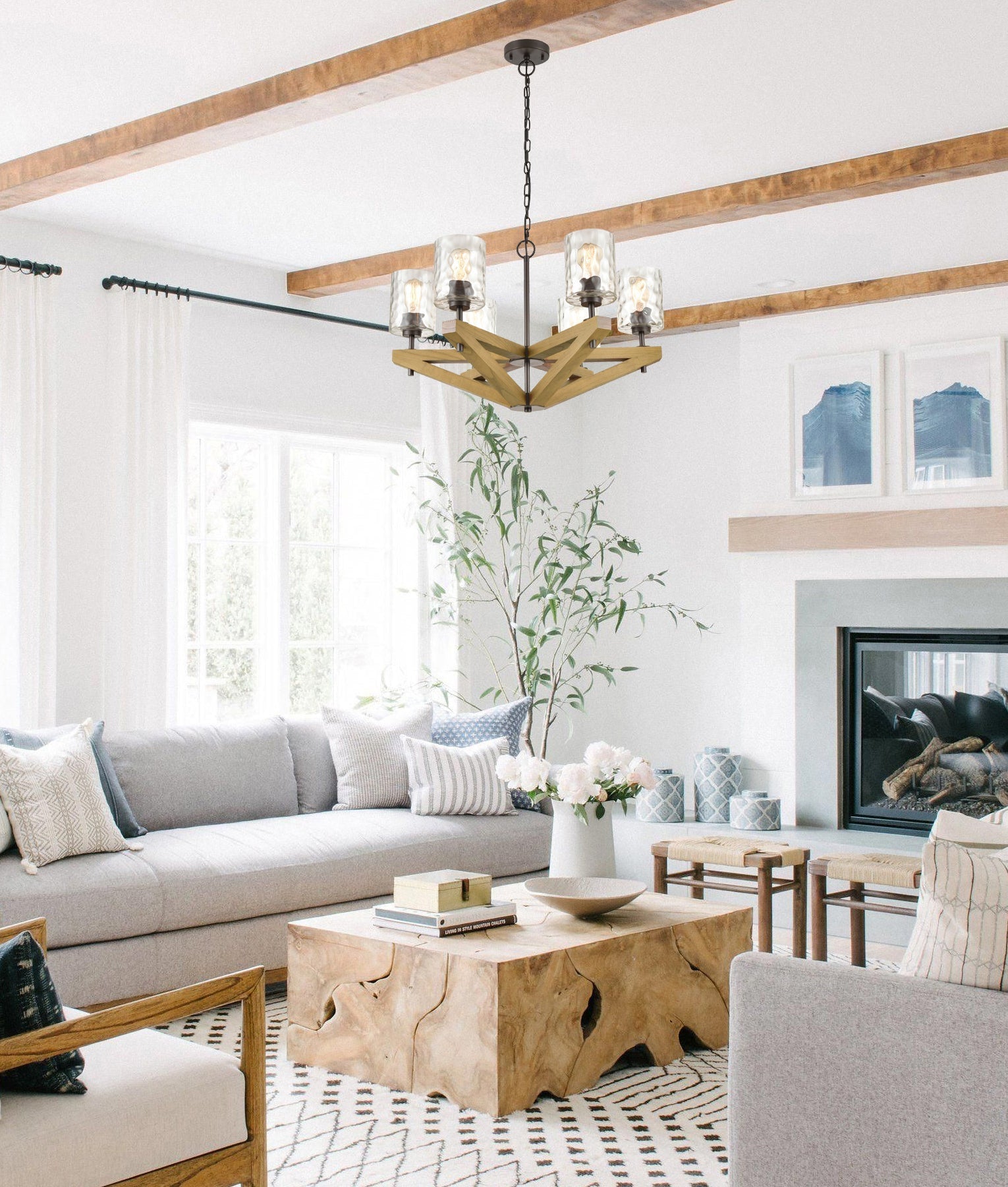 VOTIF: Retro Interior Candelabra Oak Wood with Clear Blown Dimpled Glass Pendant Light