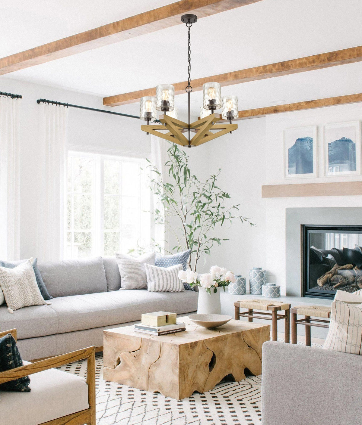 VOTIF: Retro Interior Candelabra Oak Wood with Clear Blown Dimpled Glass Pendant Light
