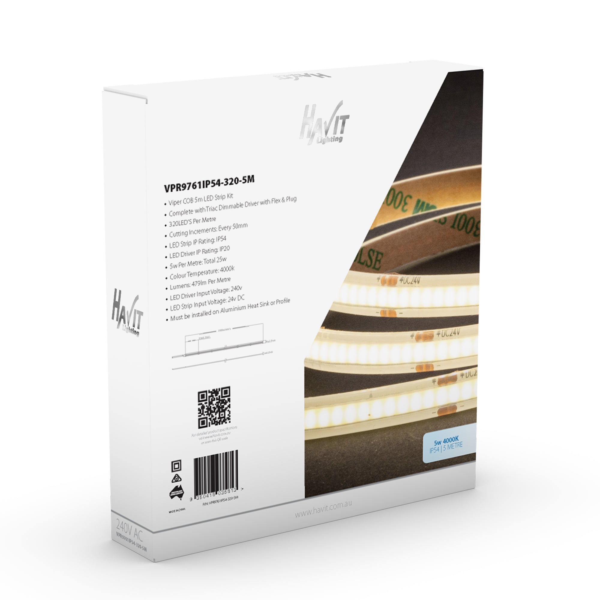 VPR9761IP54-320-5M - Viper COB 5w Per Metre 5m LED Strip kit 4000k